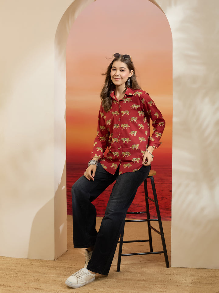 Divena Cotton Quirky Printed Red Casual Women Shirt