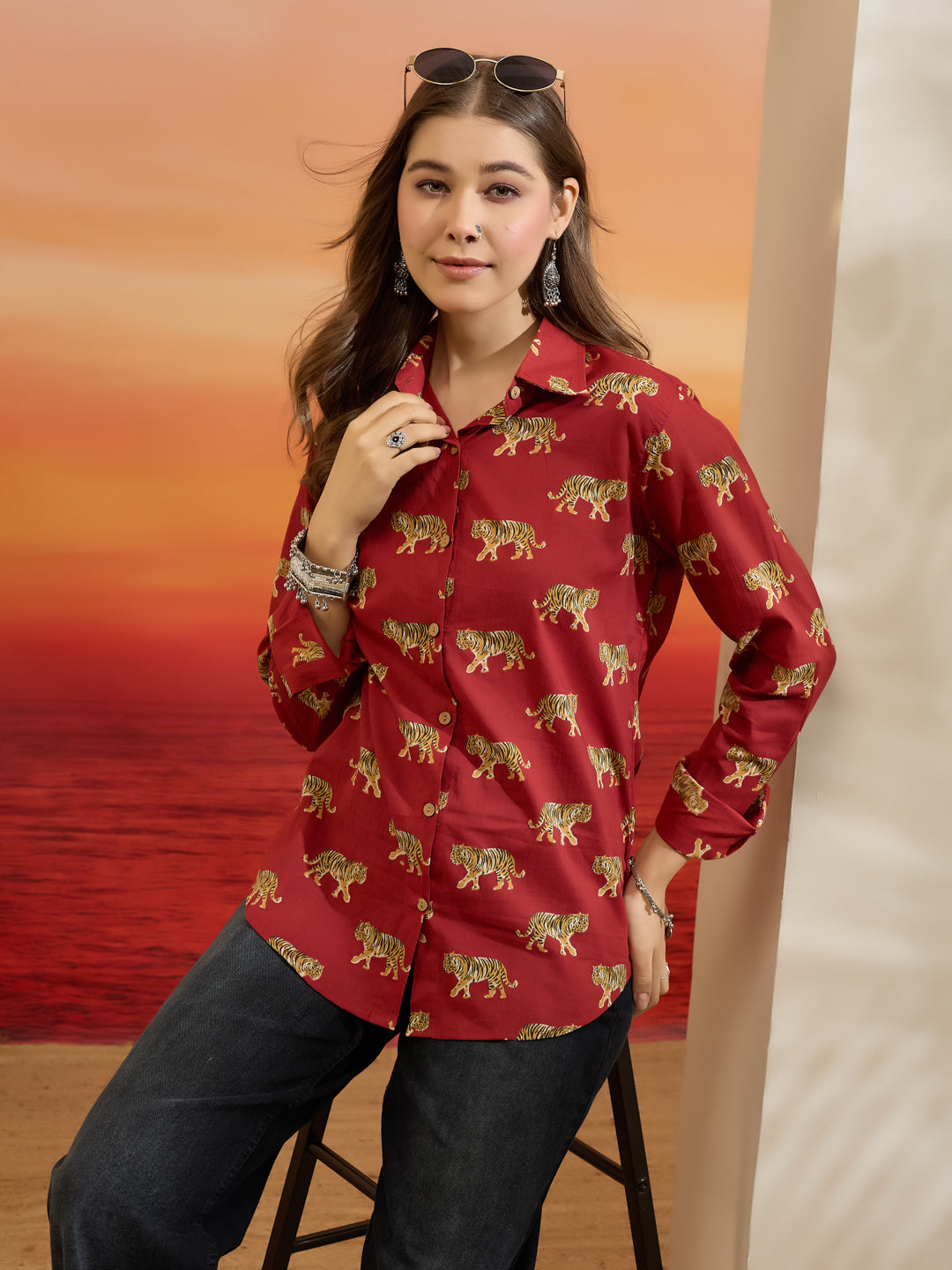 Divena Cotton Quirky Printed Red Casual Women Shirt