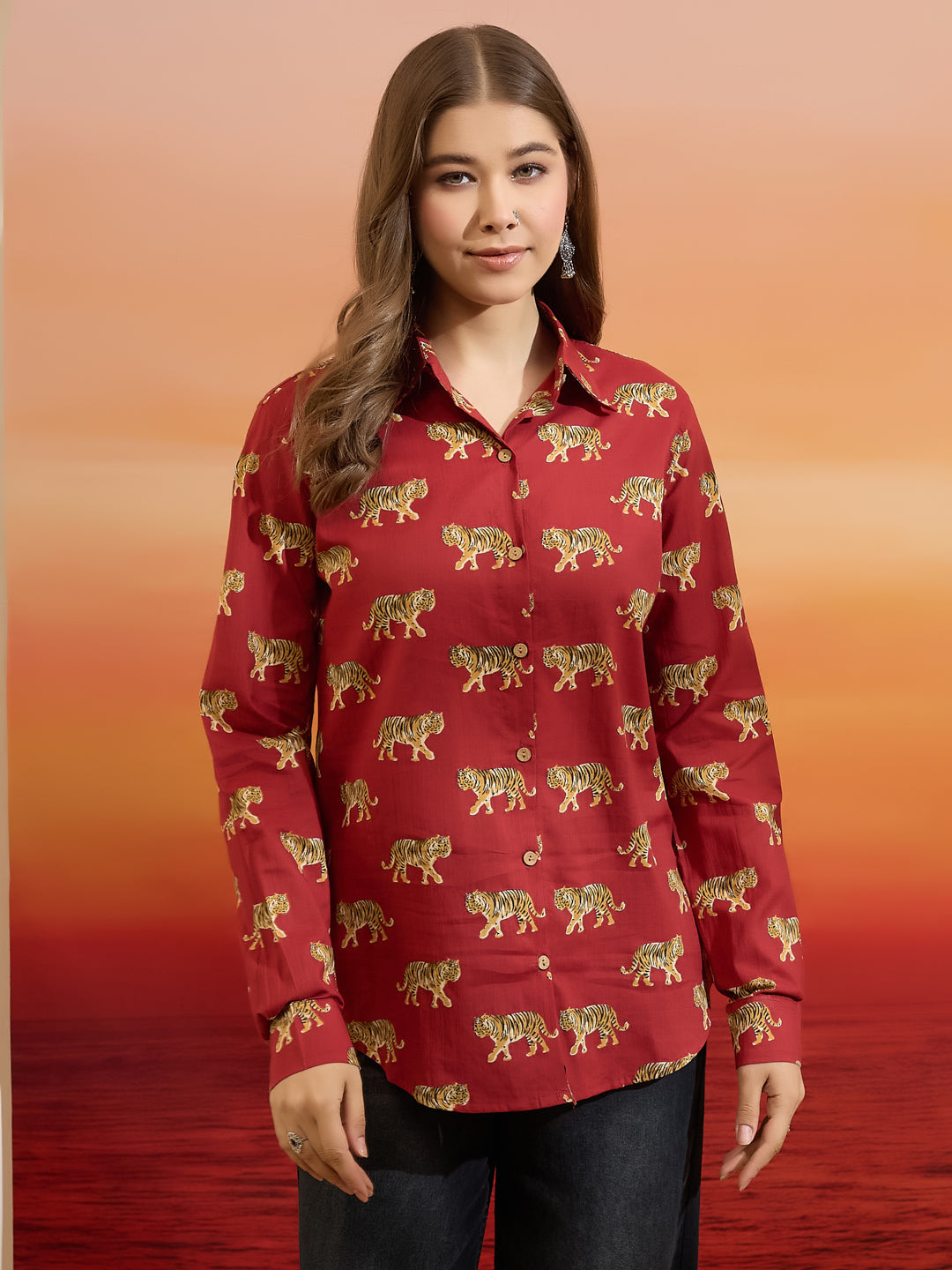 Divena Cotton Quirky Printed Red Casual Women Shirt