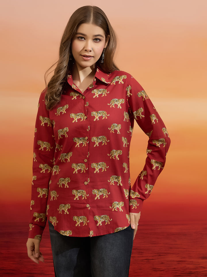 Divena Cotton Quirky Printed Red Casual Women Shirt