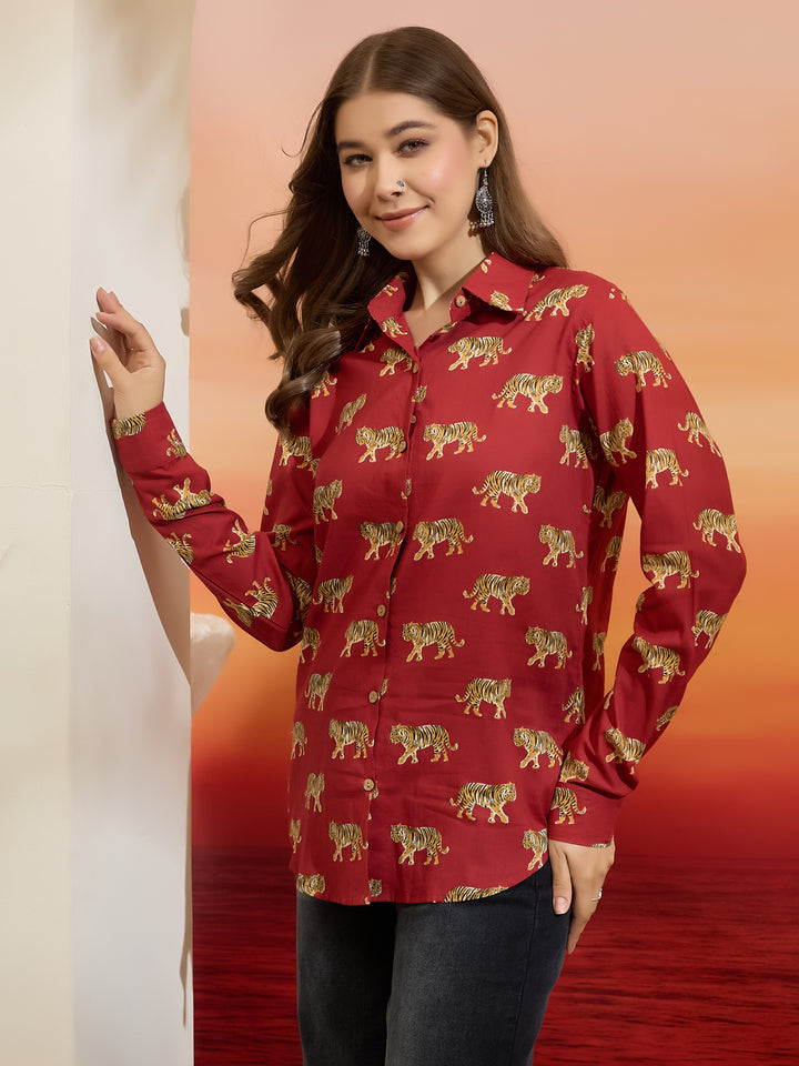 Divena Cotton Quirky Printed Red Casual Women Shirt
