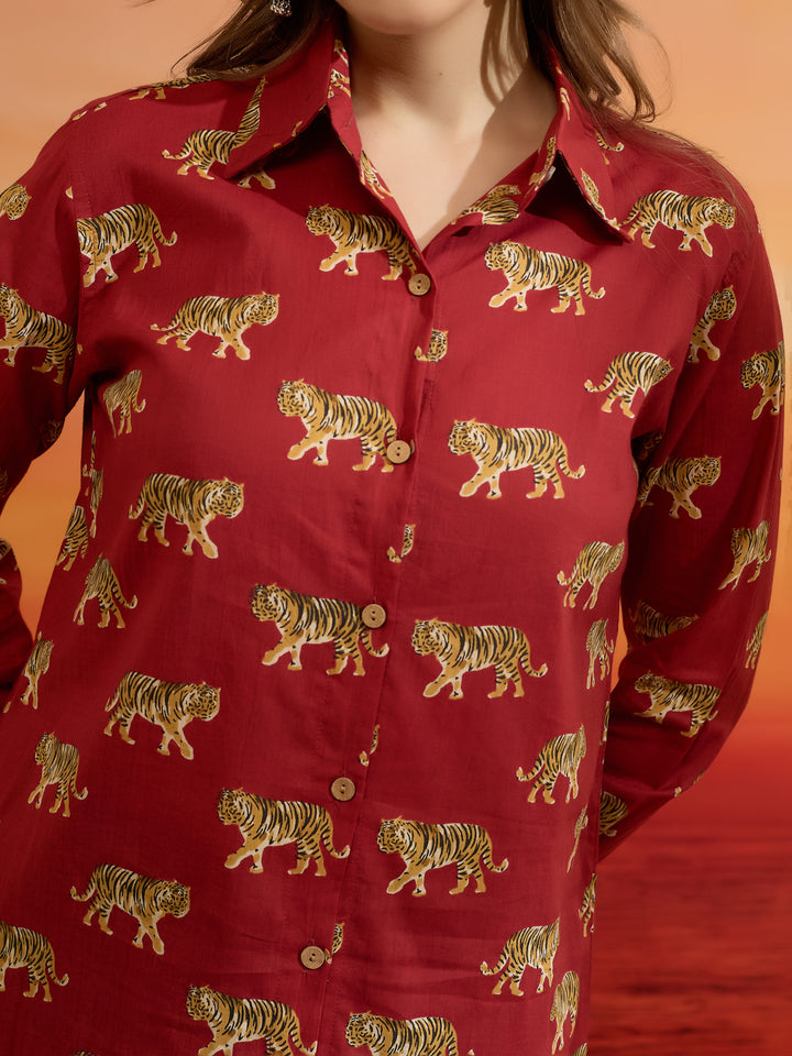 Divena Cotton Quirky Printed Red Casual Women Shirt