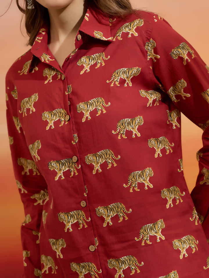 Divena Cotton Quirky Printed Red Casual Women Shirt