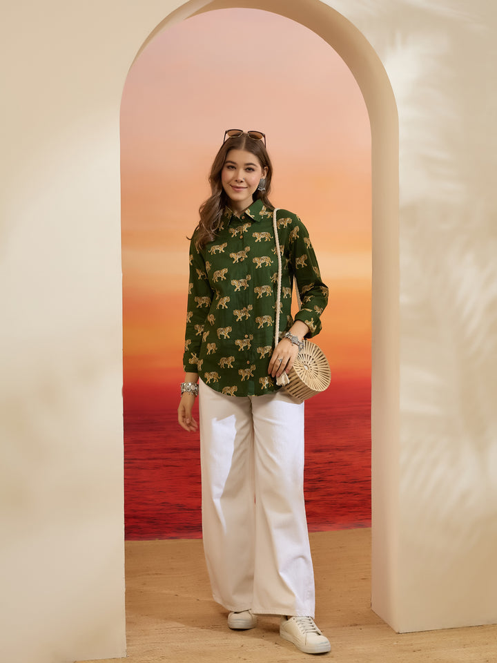 Divena Cotton Quirky Printed Green Casual Women Shirt