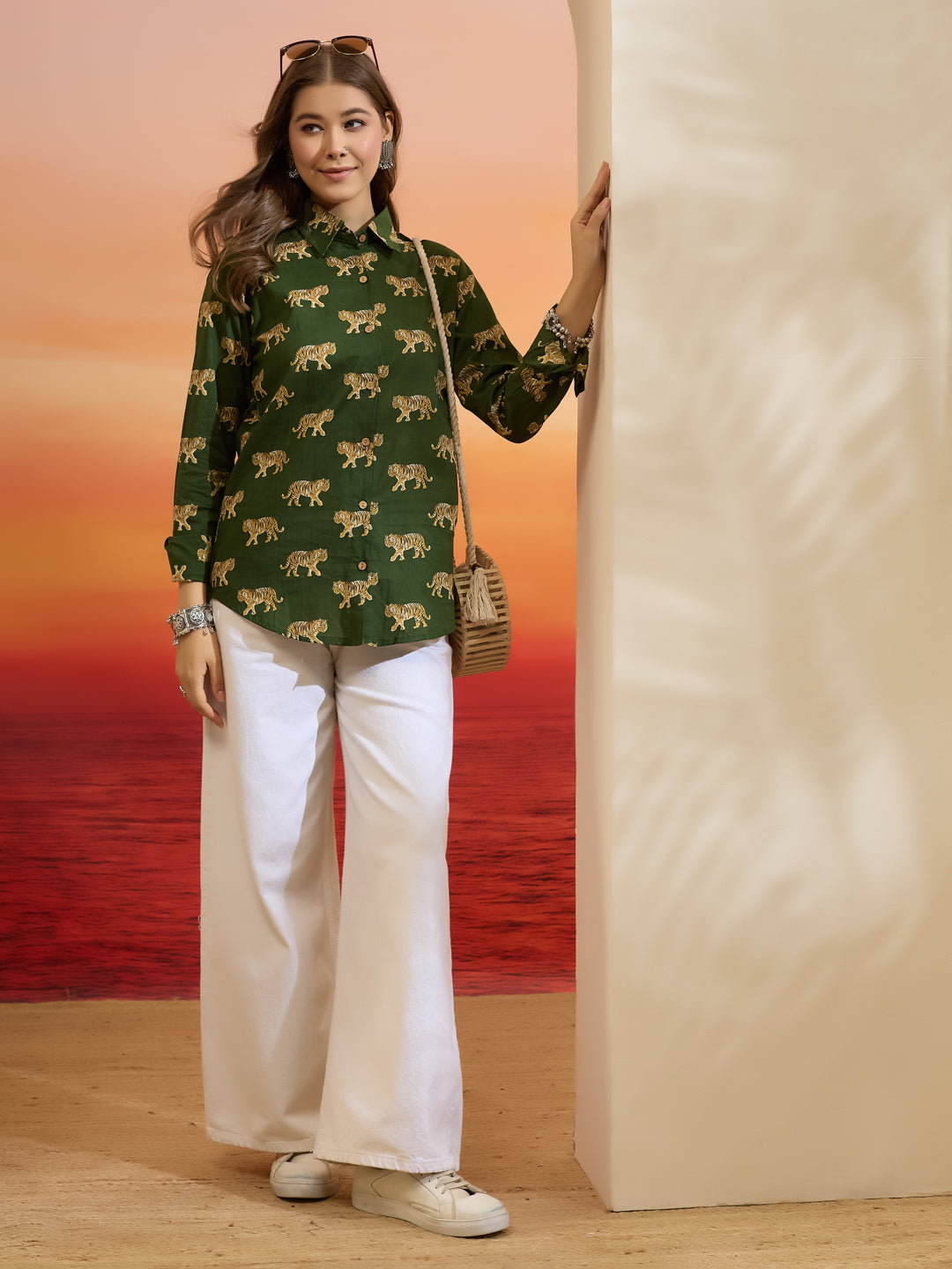 Divena Cotton Quirky Printed Green Casual Women Shirt