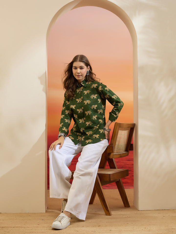 Divena Cotton Quirky Printed Green Casual Women Shirt
