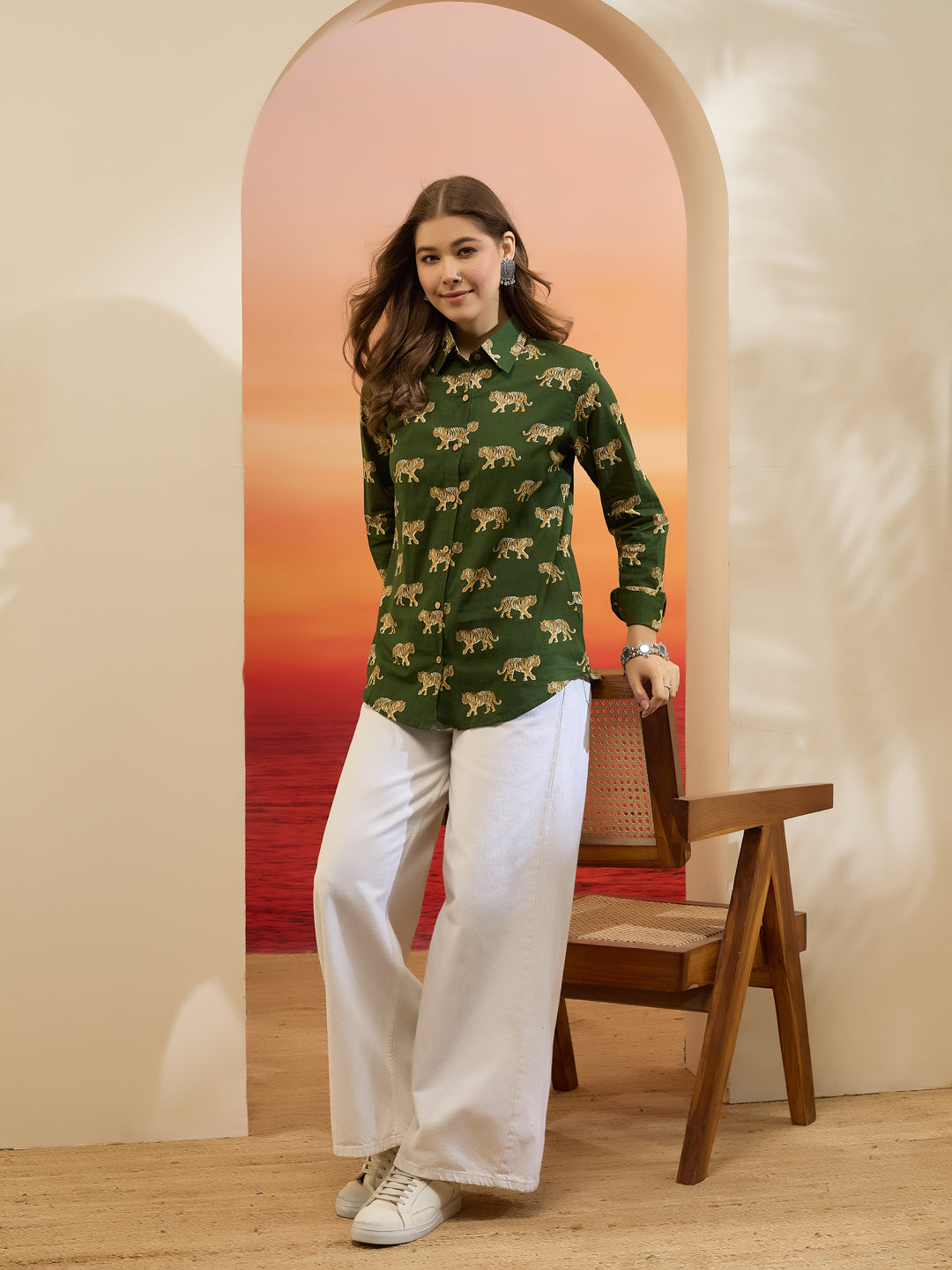Divena Cotton Quirky Printed Green Casual Women Shirt