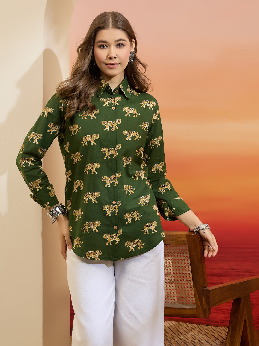 Divena Cotton Quirky Printed Green Casual Women Shirt