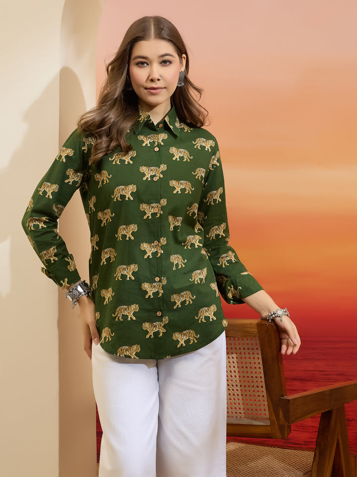 Divena Cotton Quirky Printed Green Casual Women Shirt