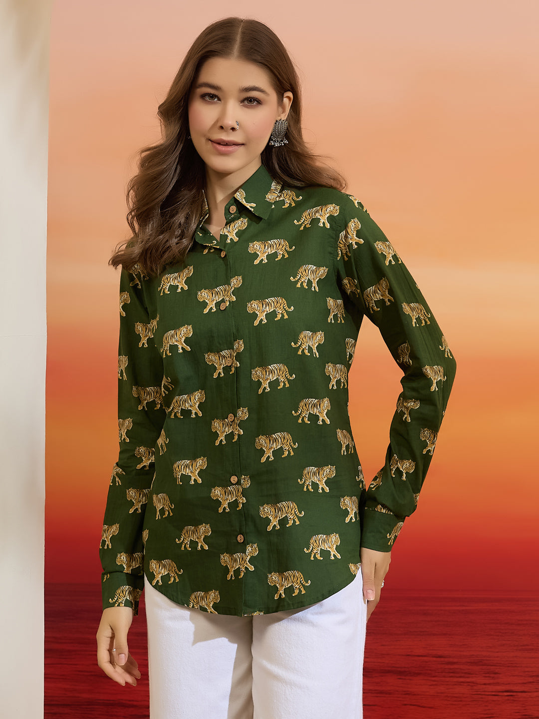 Divena Cotton Quirky Printed Green Casual Women Shirt