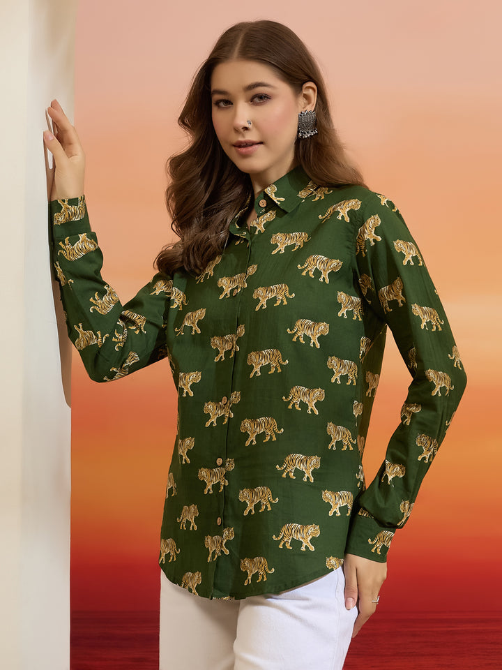 Divena Cotton Quirky Printed Green Casual Women Shirt
