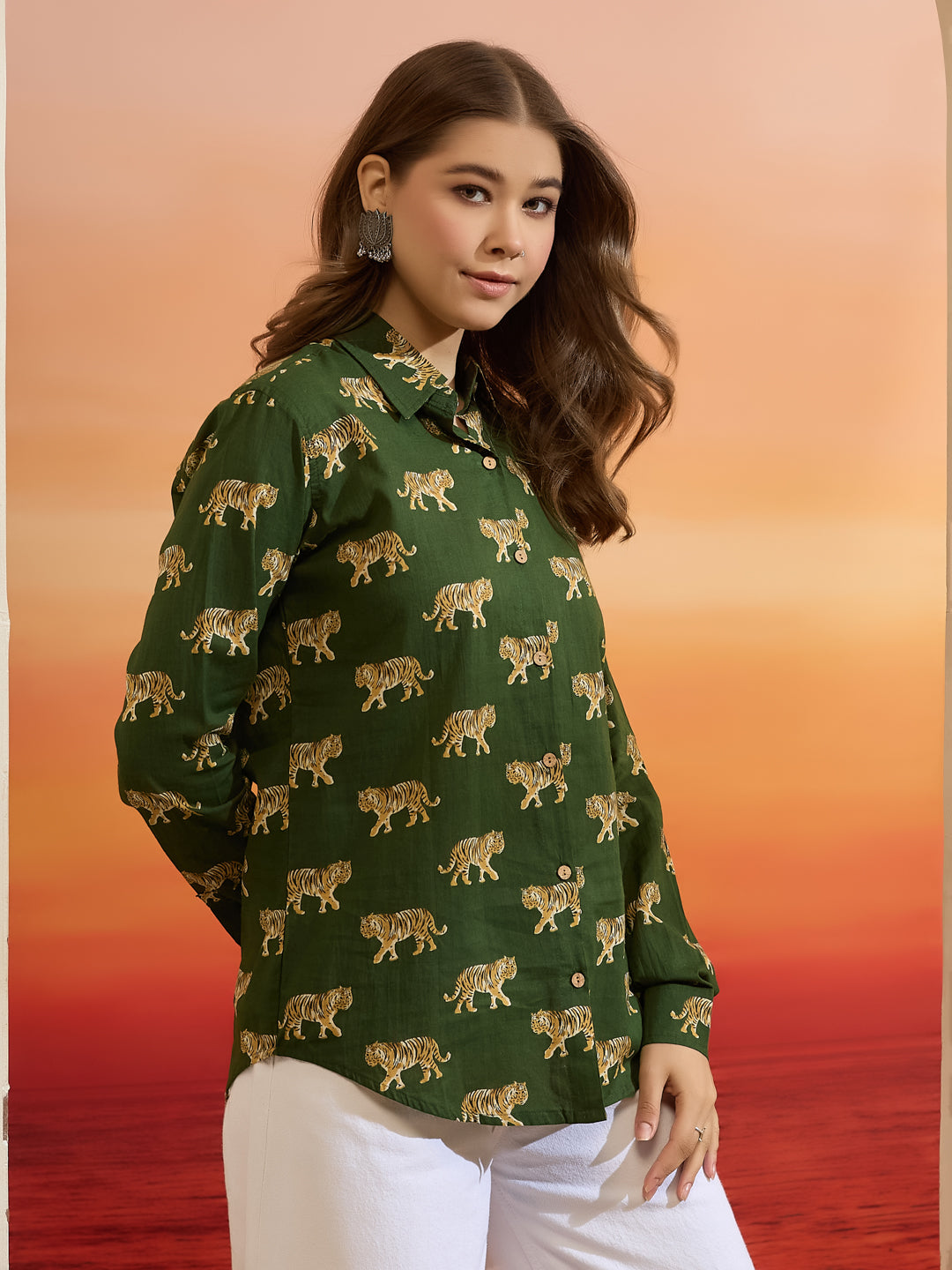 Divena Cotton Quirky Printed Green Casual Women Shirt