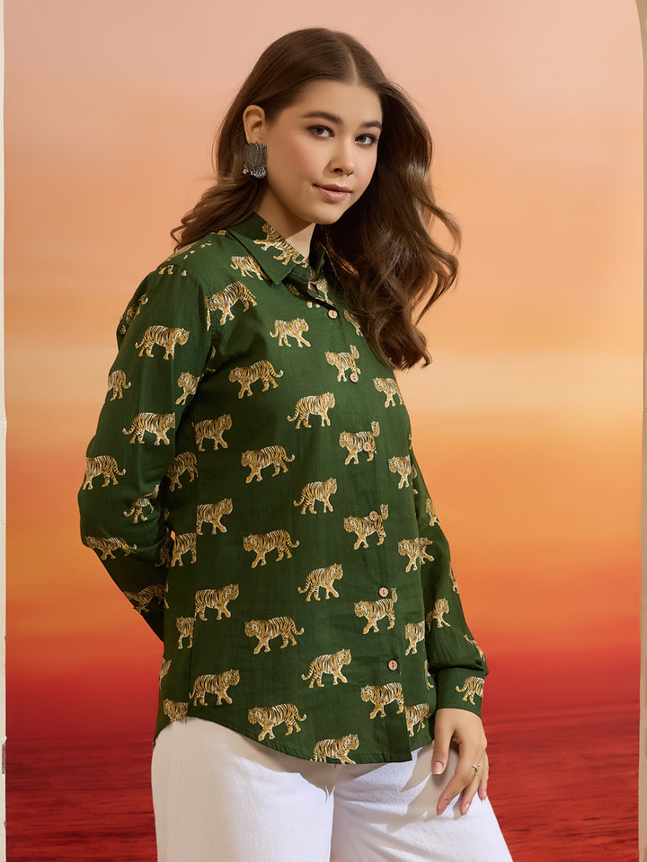 Divena Cotton Quirky Printed Green Casual Women Shirt