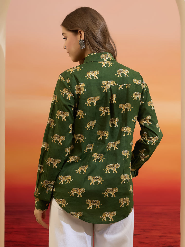 Divena Cotton Quirky Printed Green Casual Women Shirt