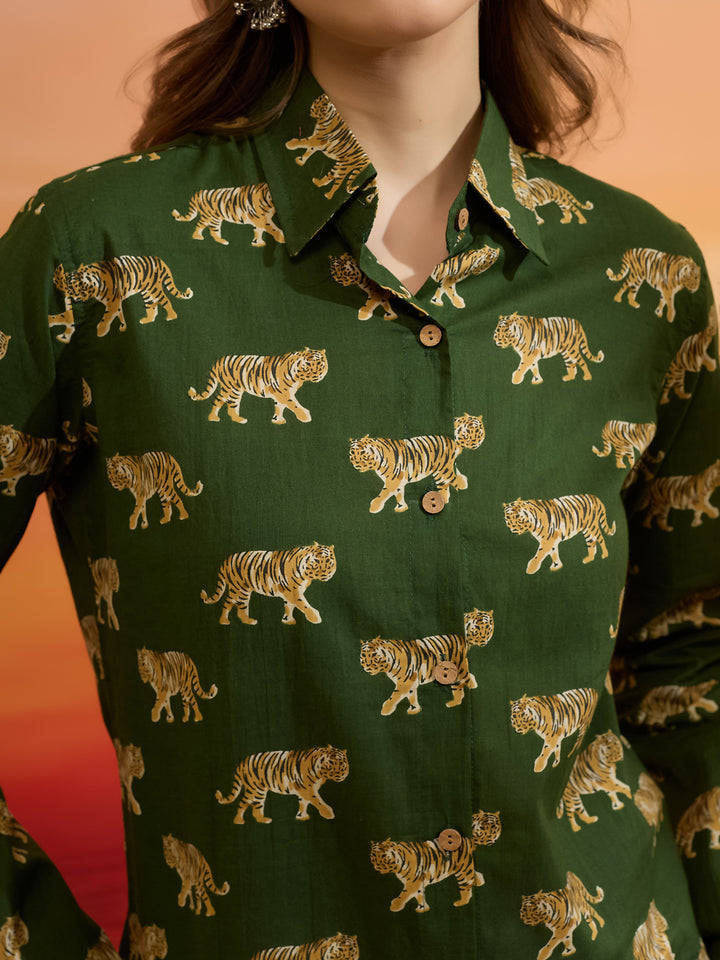 Divena Cotton Quirky Printed Green Casual Women Shirt
