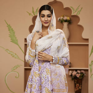 Divena Handblock Printed Lavender Anarkali Cotton Kurta With Trousers & Dupatta
