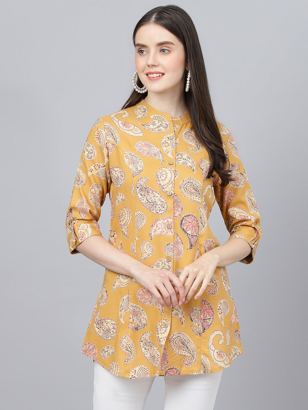 Mastard Yellow Print Mandarin Collar Roll-Up Sleeves Shirt Style Top — view 1
