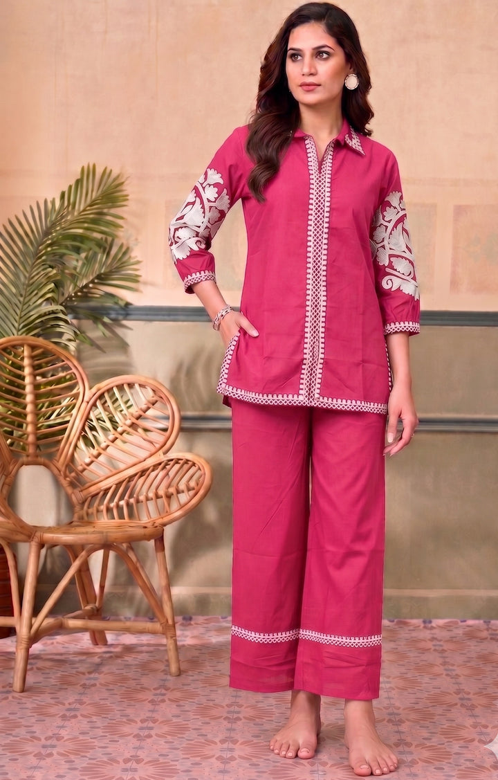 Divena Pink Solid White Embroidary Co-ords Sets