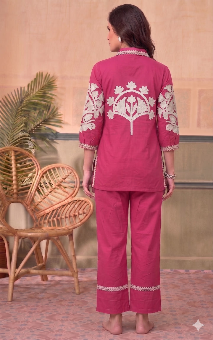 Divena Pink Solid White Embroidary Co-ords Sets