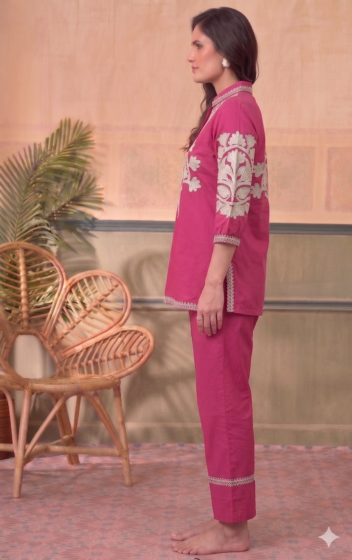 Divena Pink Solid White Embroidary Co-ords Sets