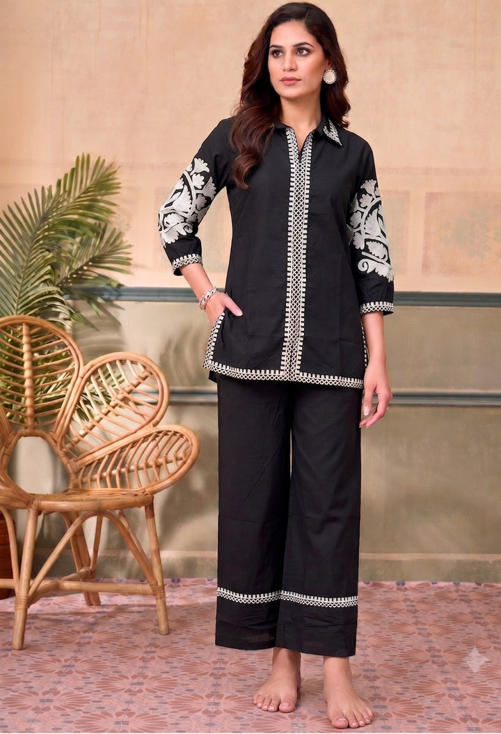 Divena Black Solid White Embroidary Co-ords Sets