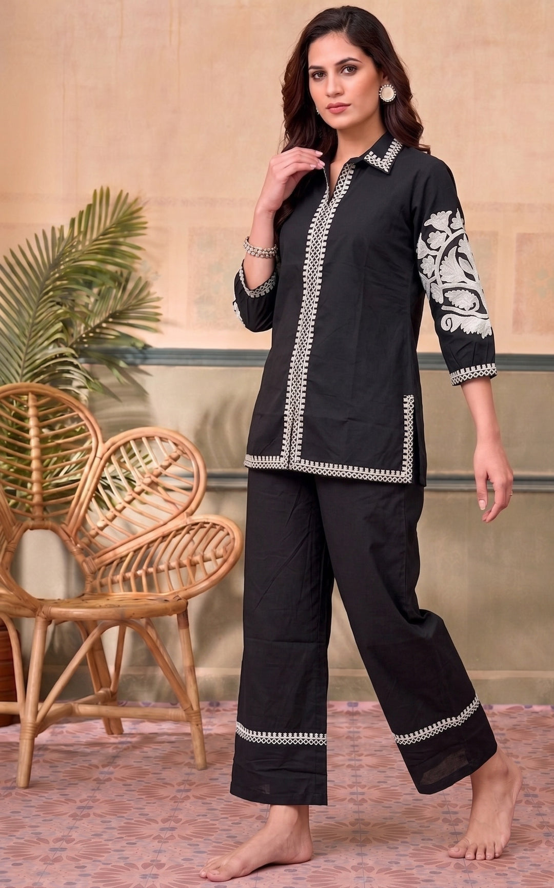 Divena Black Solid White Embroidary Co-ords Sets