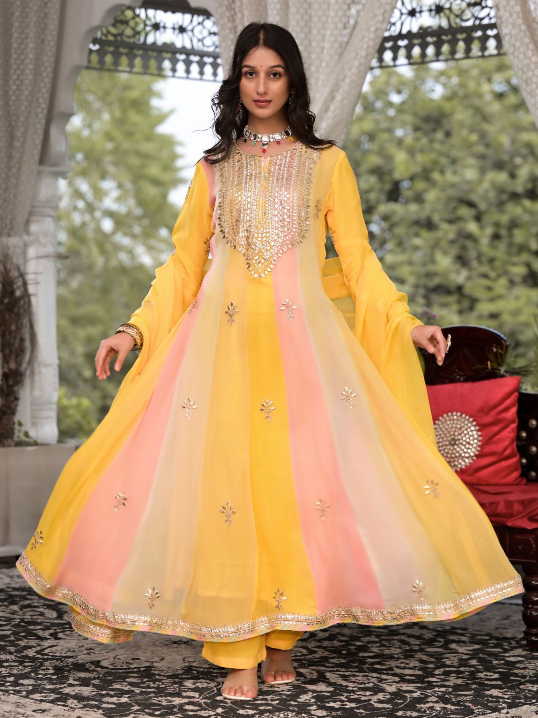 Yellow Gota Patti Embroidered Banarsi Georgette Kurta Set with Organza Dupatta — view 1
