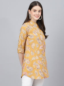 Divena Mastard Yellow Print Mandarin Collar Roll-Up Sleeves Shirt Style Top