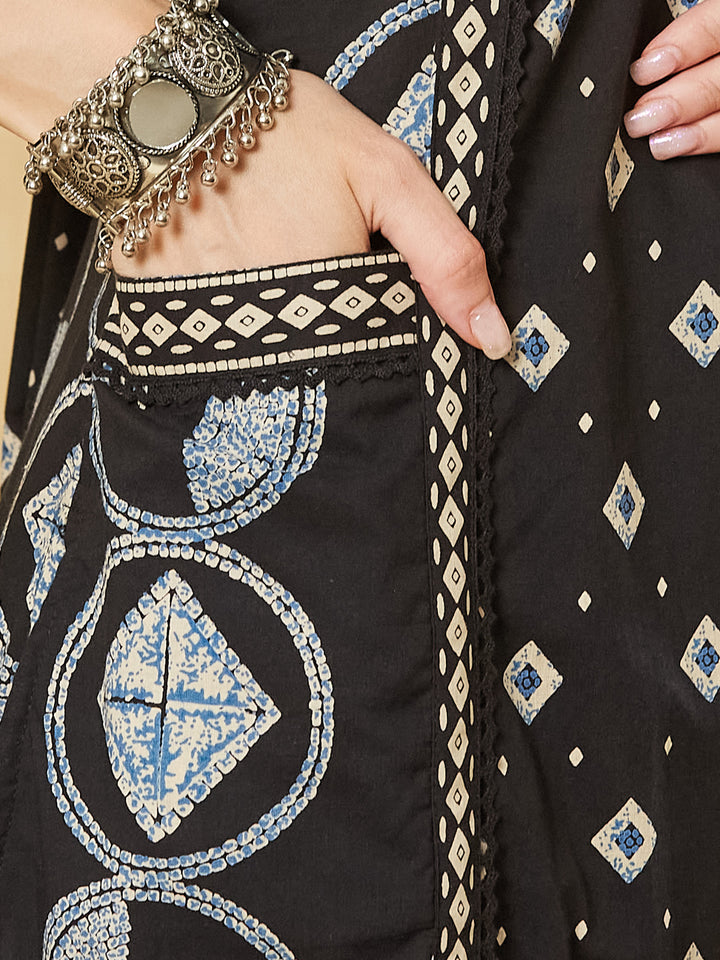 Divena Black Floral Print Cotton A-Line Kurta Sets With Dupatta