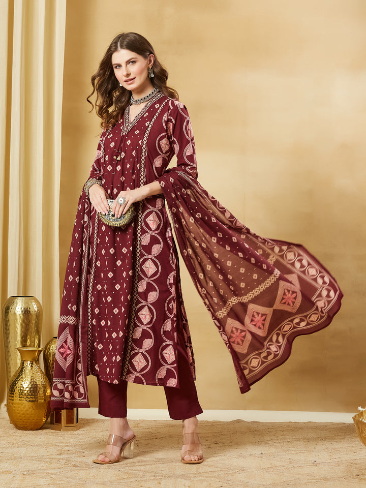 Divena Maroon Floral Print Cotton A-Line Kurta Sets With Dupatta