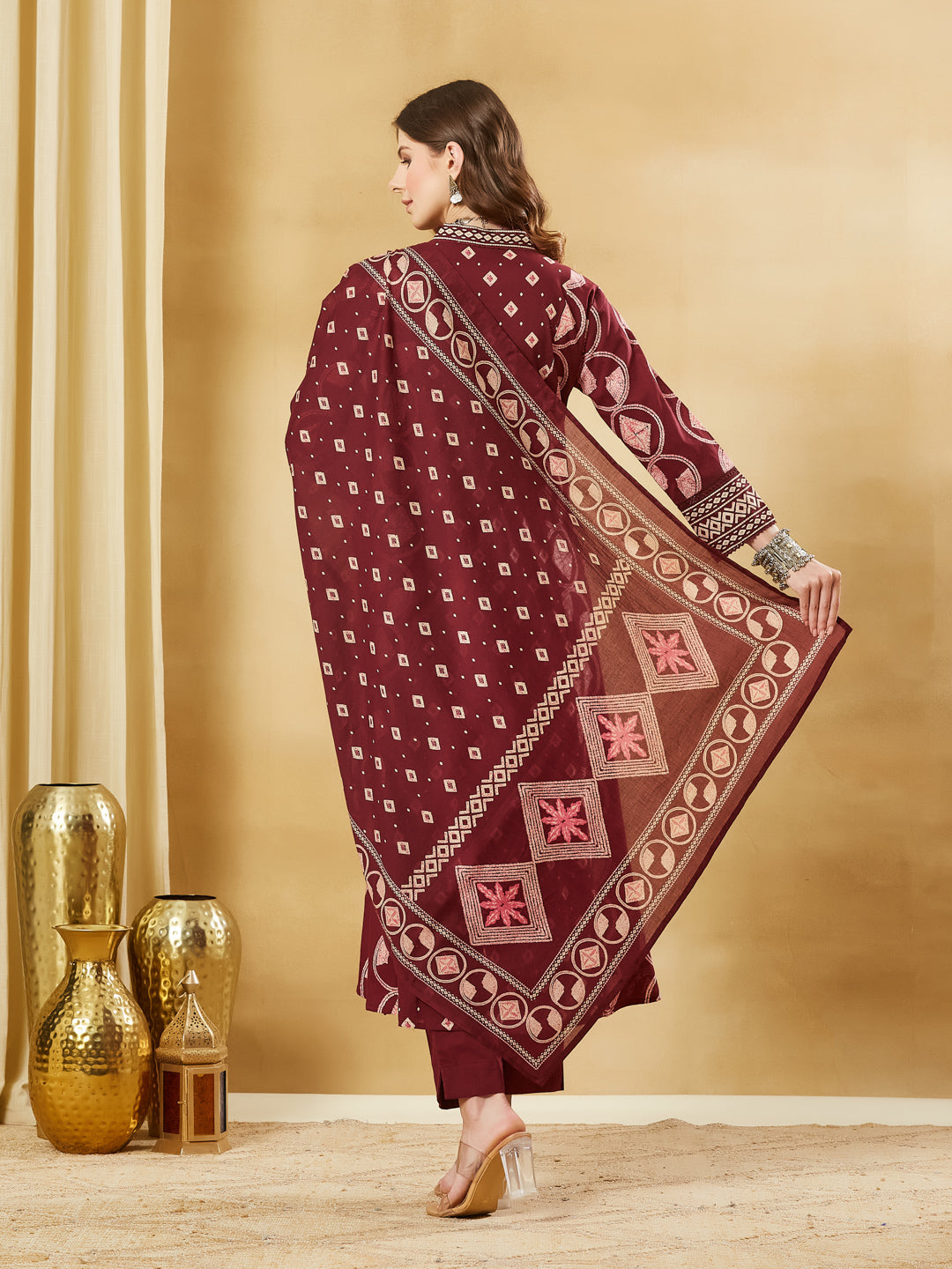 Divena Maroon Floral Print Cotton A-Line Kurta Sets With Dupatta