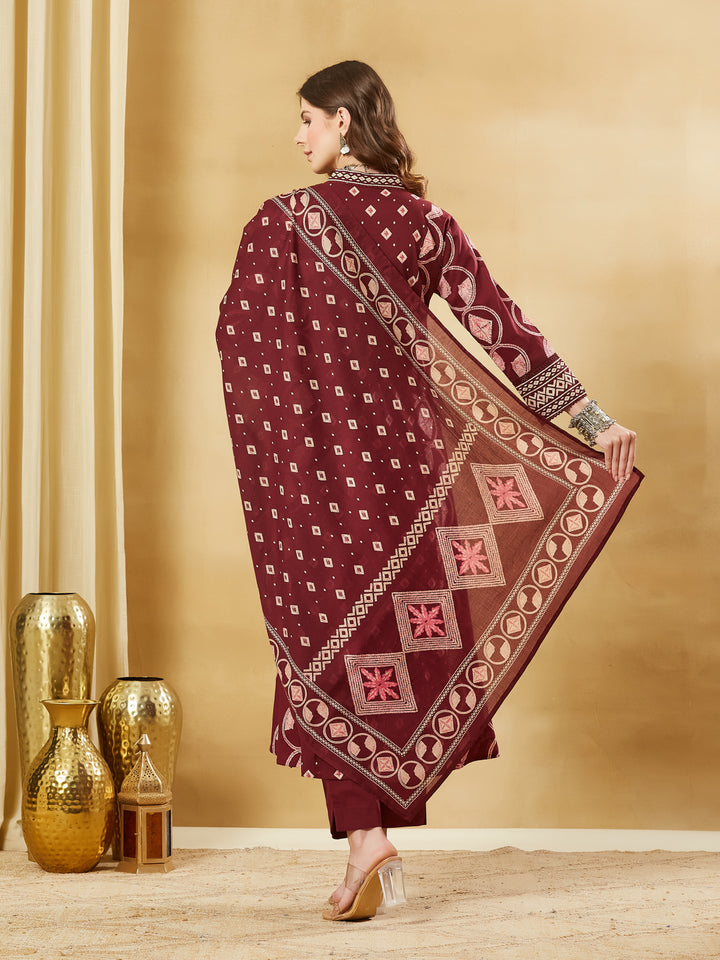 Divena Maroon Floral Print Cotton A-Line Kurta Sets With Dupatta