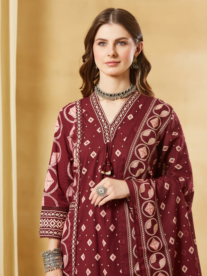 Divena Maroon Floral Print Cotton A-Line Kurta Sets With Dupatta