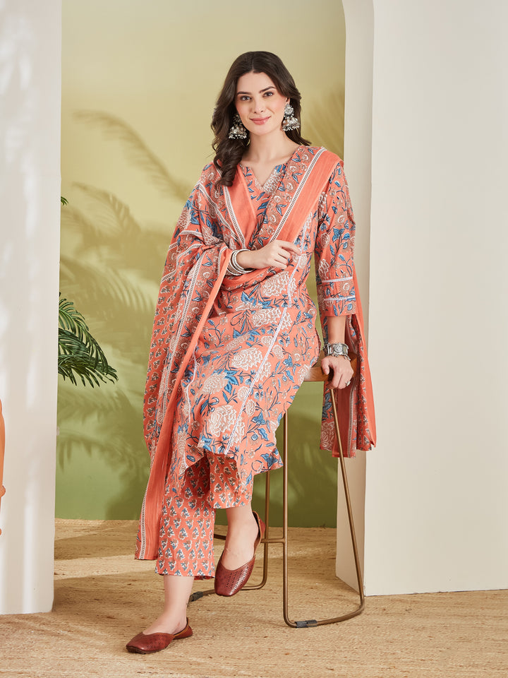 Divena Floral Printed Straight Fit Pure Cotton Peach Kurta with Trousers & Dupatta