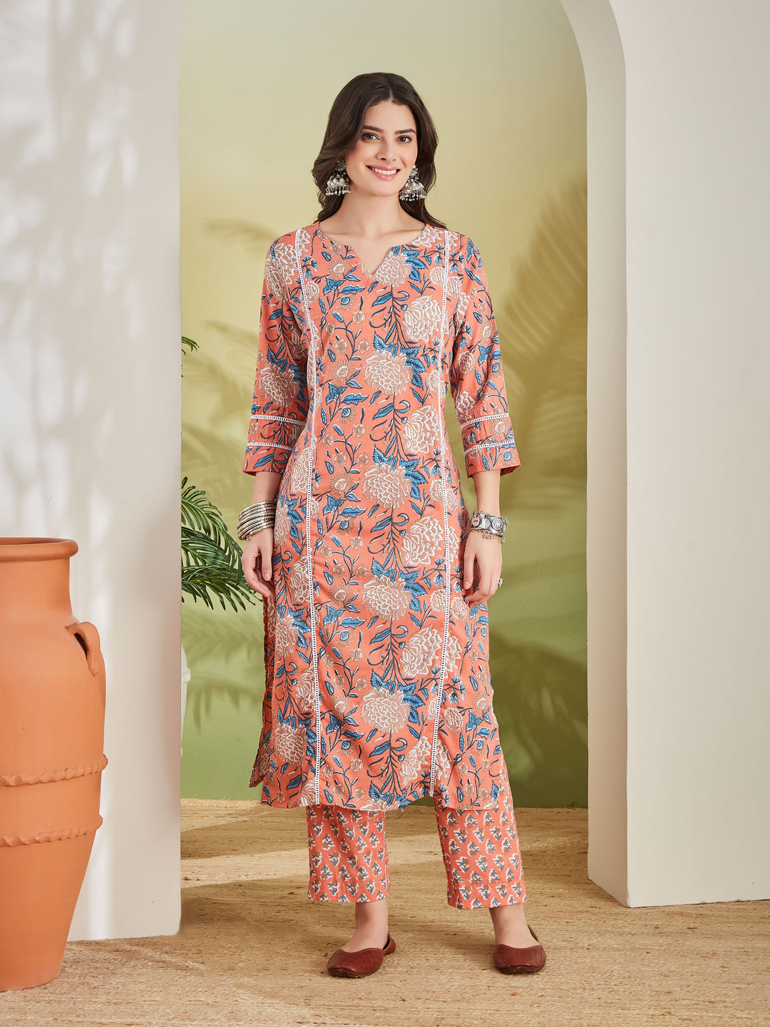 Divena Floral Printed Straight Fit Pure Cotton Orange Kurta with Trousers & Dupatta