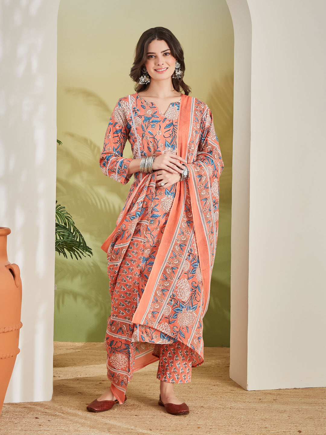 Divena Floral Printed Straight Fit Pure Cotton Orange Kurta with Trousers & Dupatta