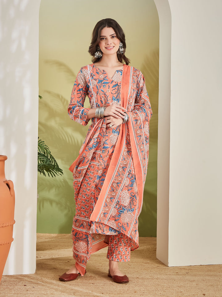Divena Floral Printed Straight Fit Pure Cotton Orange Kurta with Trousers & Dupatta