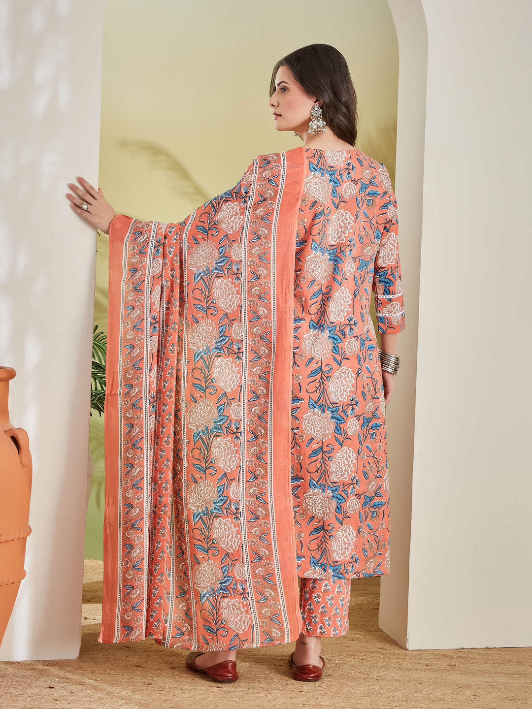 Divena Floral Printed Straight Fit Pure Cotton Orange Kurta with Trousers & Dupatta