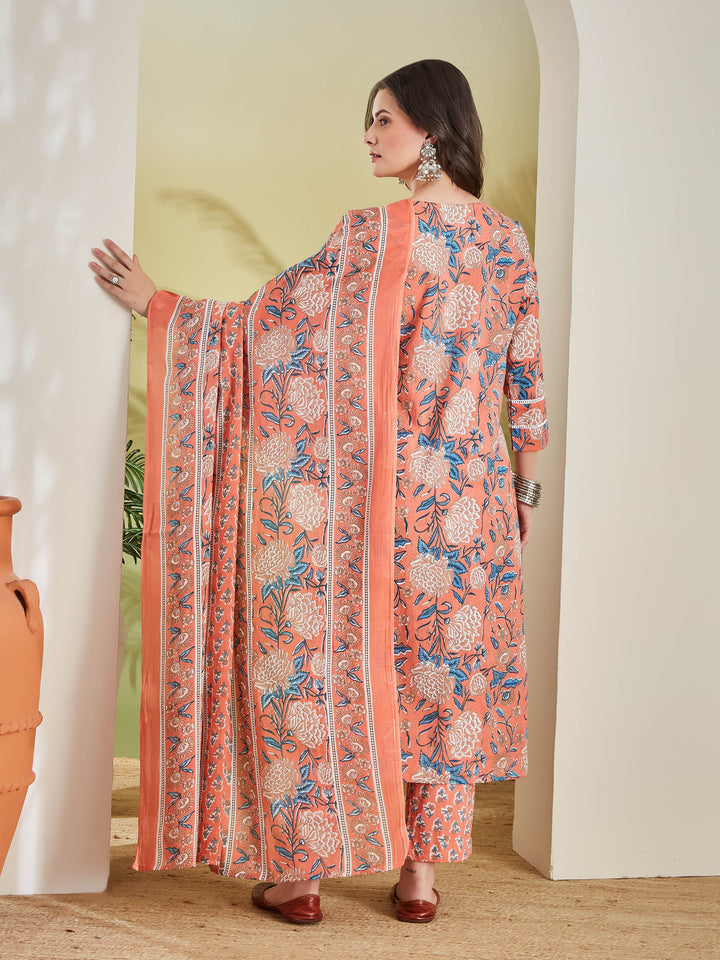 Divena Floral Printed Straight Fit Pure Cotton Orange Kurta with Trousers & Dupatta