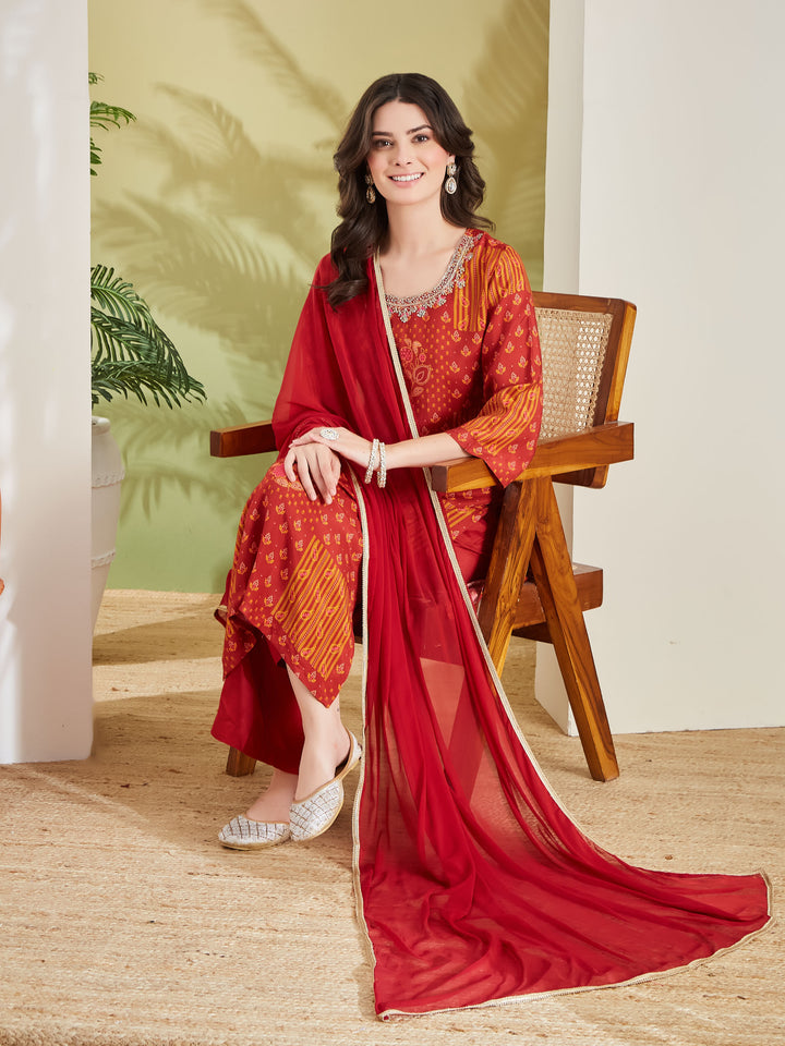 Divena Embroidered Printed Straight Fit Muslin Kurta Pant with Dupatta Set