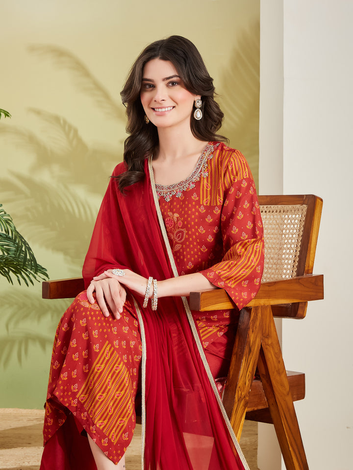Divena Embroidered Printed Straight Fit Muslin Kurta Pant with Dupatta Set