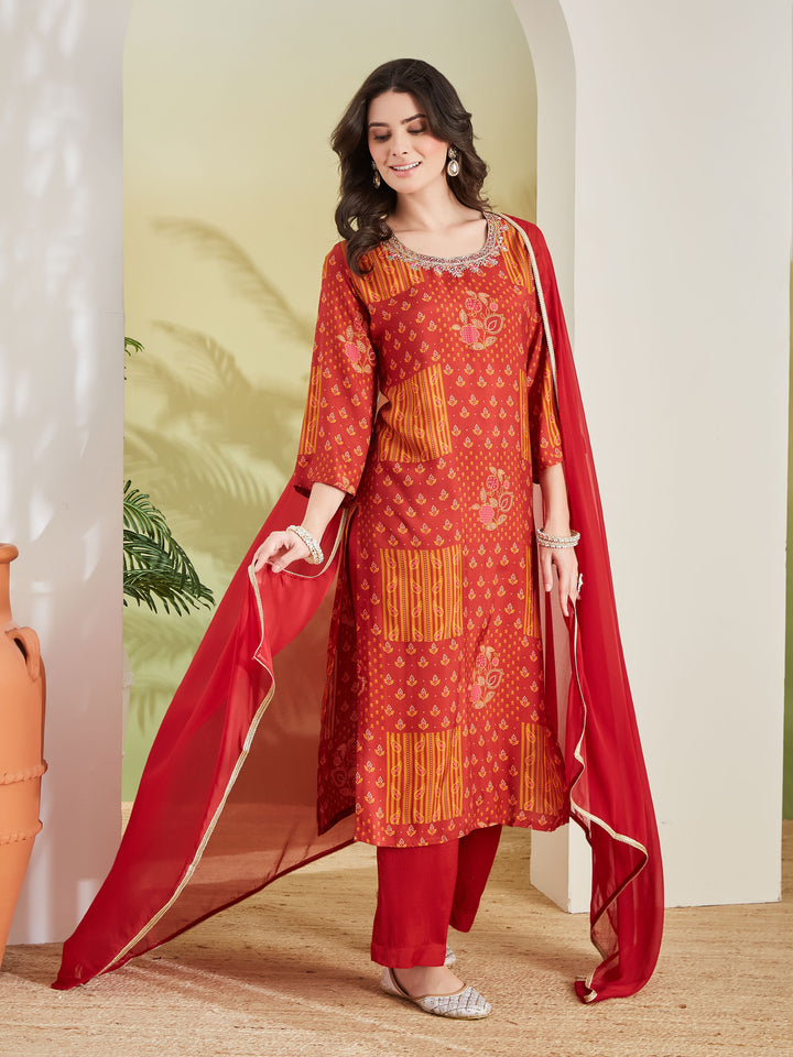 Divena Embroidered Printed Straight Fit Muslin Kurta Pant with Dupatta Set