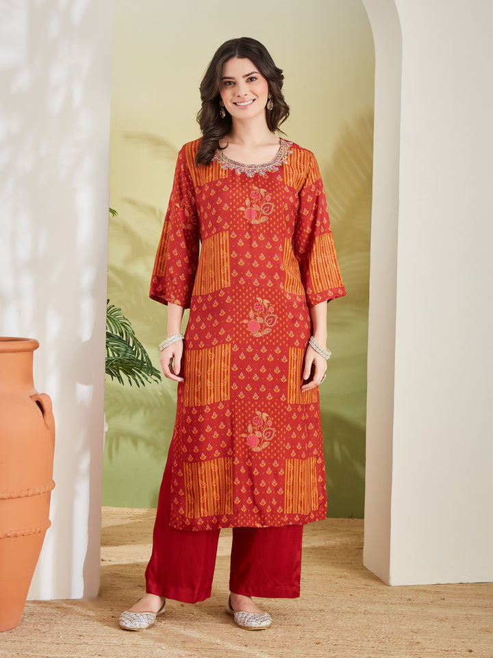 Divena Embroidered Printed Straight Fit Muslin Kurta Pant with Dupatta Set
