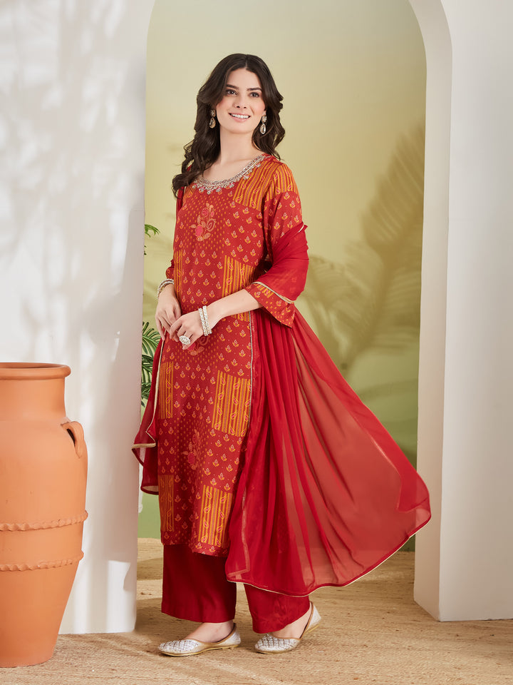 Divena Embroidered Printed Straight Fit Muslin Kurta Pant with Dupatta Set