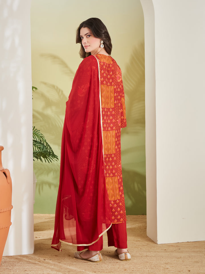 Divena Embroidered Printed Straight Fit Muslin Kurta Pant with Dupatta Set