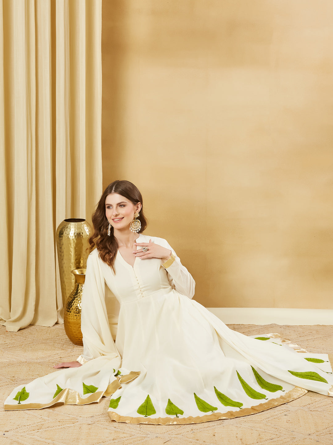 Divena Offwhite Handblock Green Flower Print Anakali Kurta Set