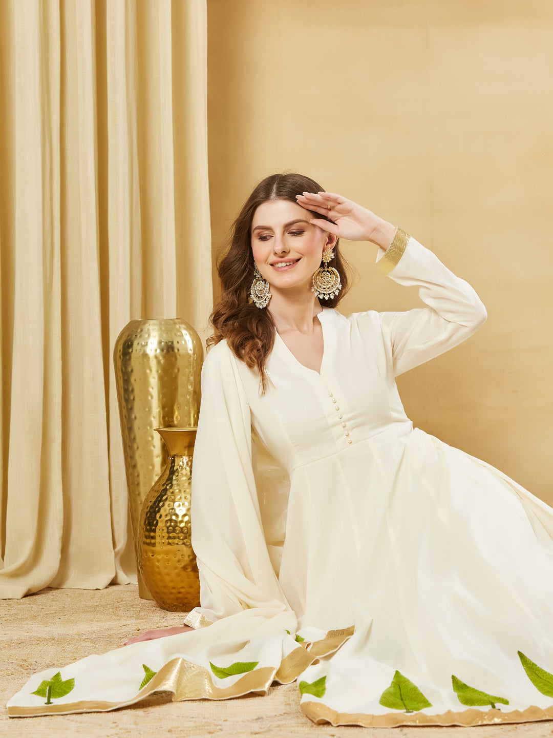 Divena Offwhite Handblock Green Flower Print Anakali Kurta Set