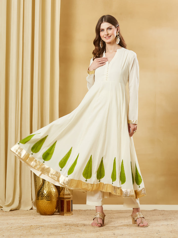 Divena Offwhite Handblock Green Flower Print Anakali Kurta Set