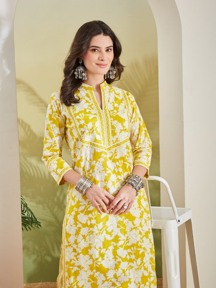 Divena Floral Print Straight Fit Pure Cotton Yellow Kurta with Trousers