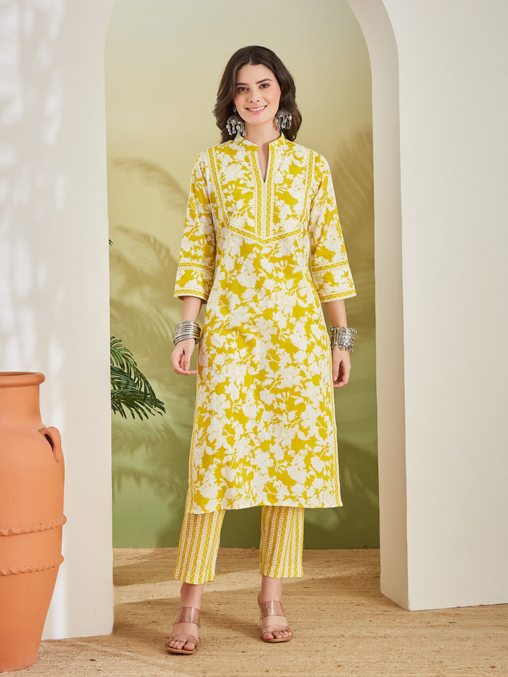 Divena Floral Print Straight Fit Pure Cotton Yellow Kurta with Trousers